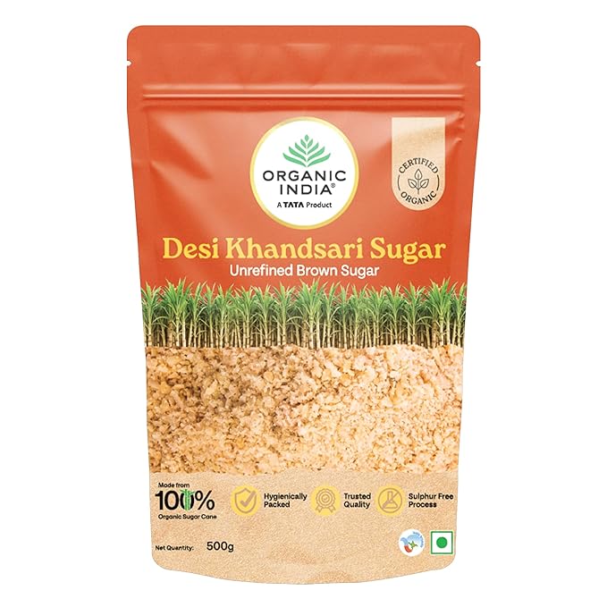Organic India Desi Khandsari Sugar, Certified Organic Unrefined Brown Sugar, Made from Organic Sugarcane, Sulphur Free Process, Hygienically Packed, 500g