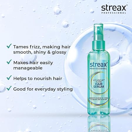 Streax Professional Vitariche Gloss Hair Serum, Frizz-Free Hair , Enhance Shine and Smoothness , With Vitamin E & Macadamia Oil , For All Hair Types