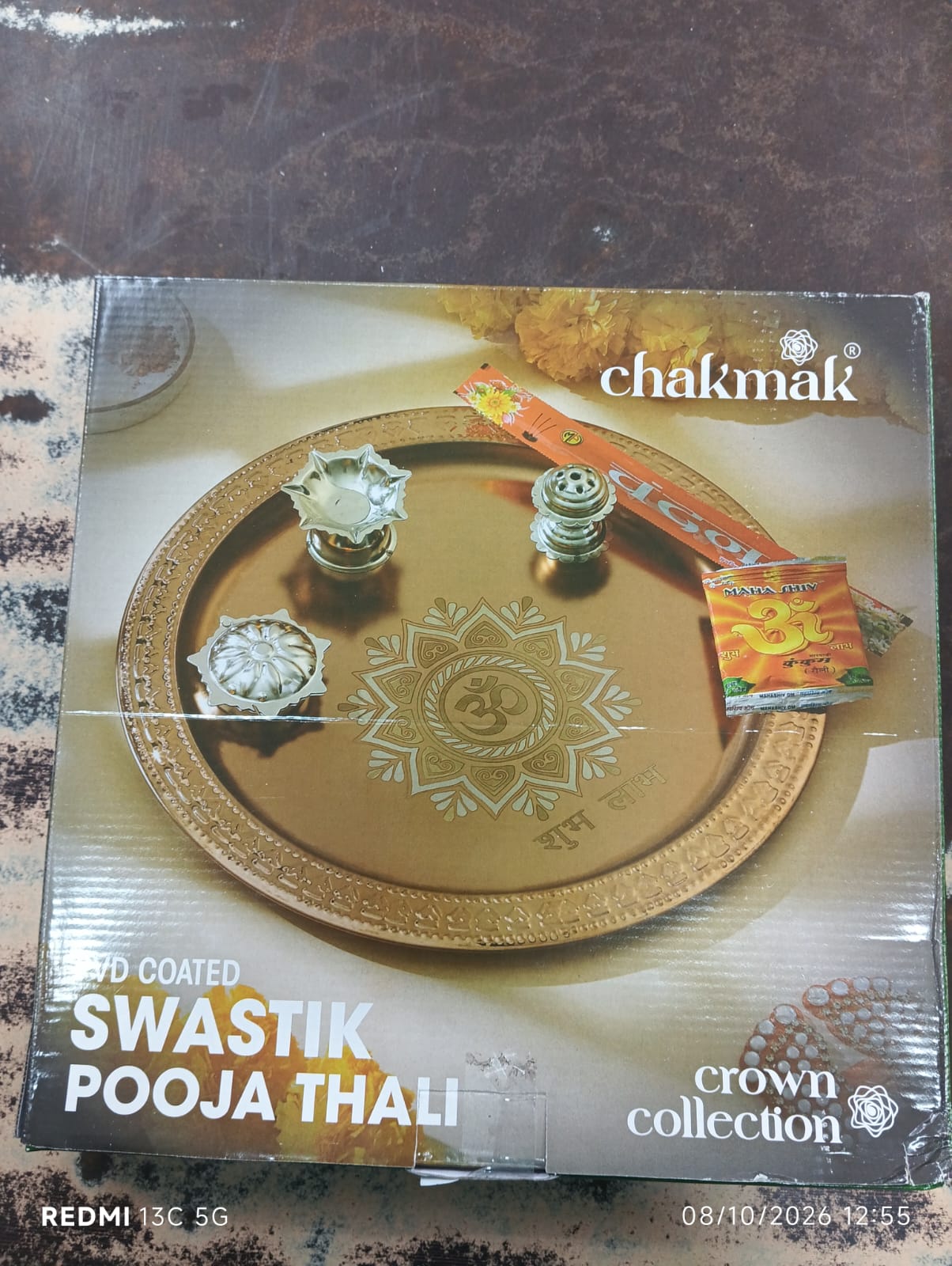 Chakmak Swastik Pooja Thali – Big , Premium Stainless Steel Puja Aarti Thali with Traditional Om & Shubh Labh Design , Decorative Worship Plate for Diwali, Pooja, Navratri & Home Mandir Use