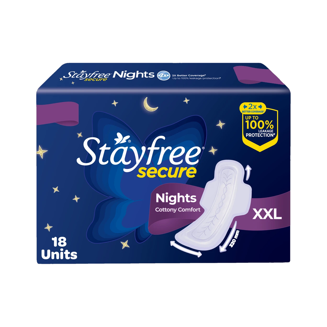Stayfree Secure Nights Cottony Comfort upto 100% Leakage Protection XXL (320mm) Sanitary Pads