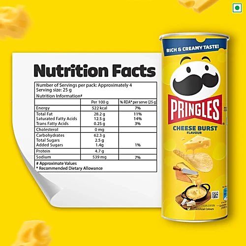 Kellogg's Pringles Cheese Burst , No Artificial Colours Potatos Chips