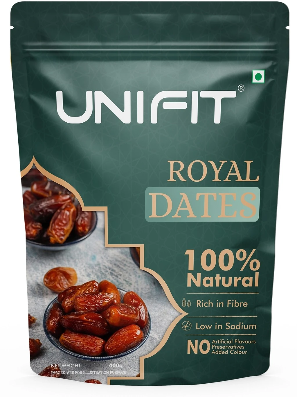 Unifit Royal Dates ( Khajoor)  ,100% Natural , Rich In Fiber , Low In Sodium , No Artificial Colours 500g