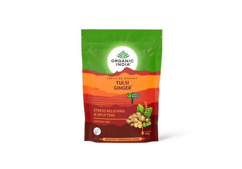 Organic India Tulsi Ginger Green Tea With Zipper Pack-100g, Stress Relieving & Uplifing