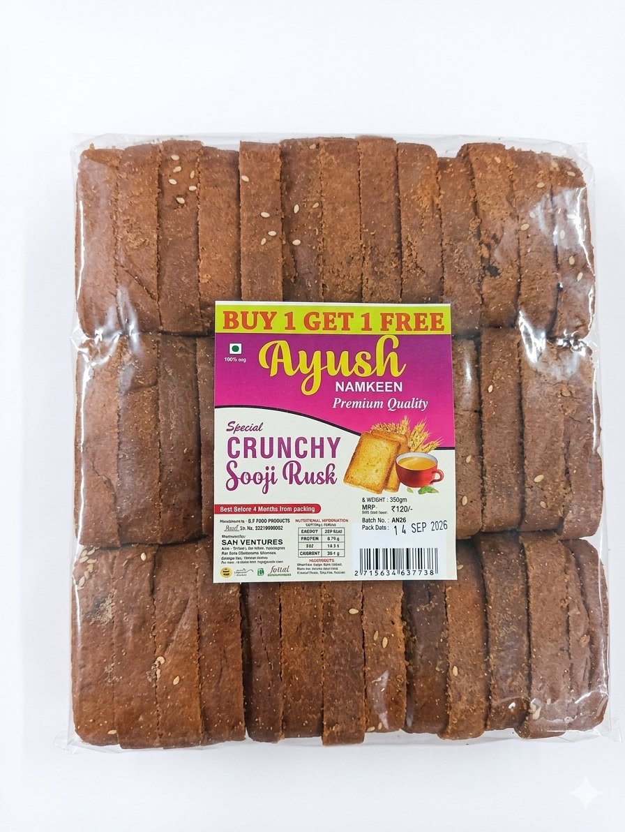 Ayush Namkeen Premium Quality , South Indian Special CrunchySooji  Rusk  350g ( Buy 1 Get 1 Free)